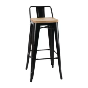 Tabouret noir haut avec dossier et assise en bois type bistro